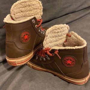 Size 5 hi-top dark brown leather all stars with red accent